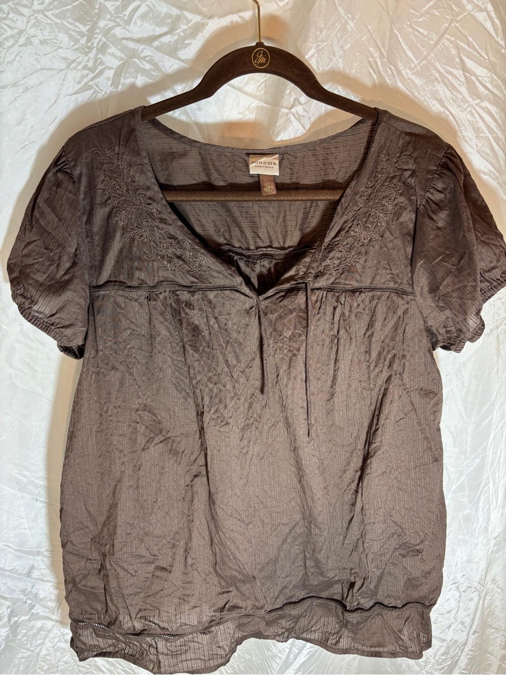 Sonoma Brown Short-Sleeve Peasant Blouse with Embroidered Yoke